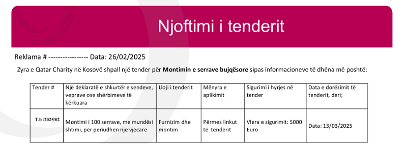 Shpallje Tenderi “Montimin e serrave bujqësore”